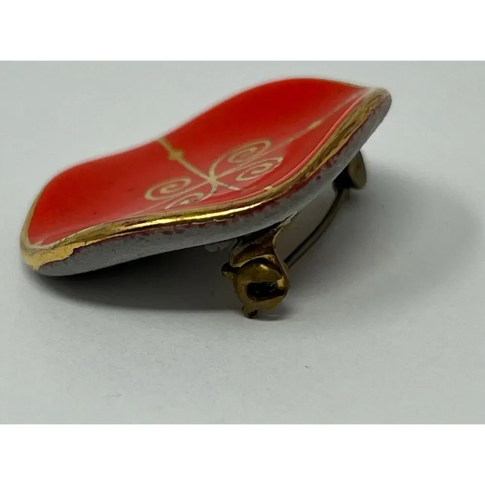 Vintage Milvern Co. Brooch – Hand-Painted Red & Gold Scroll Design, Mid-Century